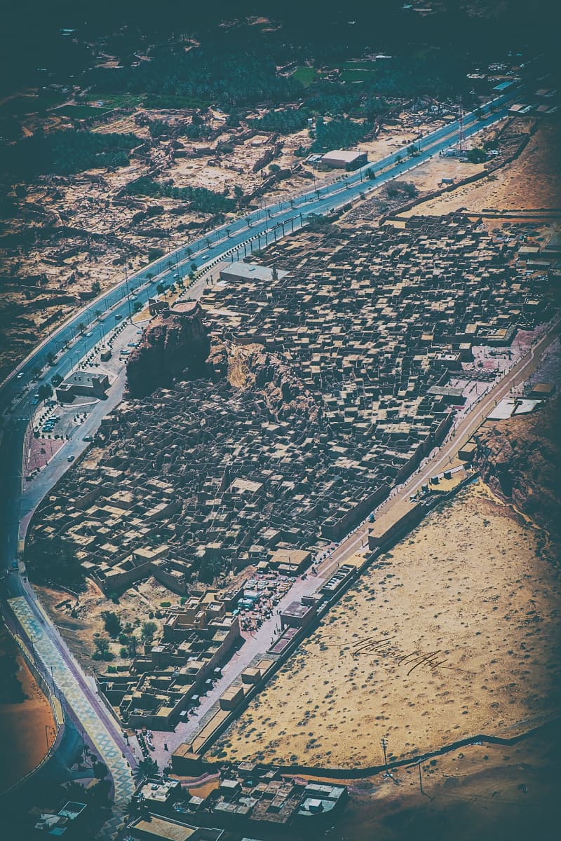 Portrait-oriented aerial view from a drone over Al Ula, Saudi Arabia