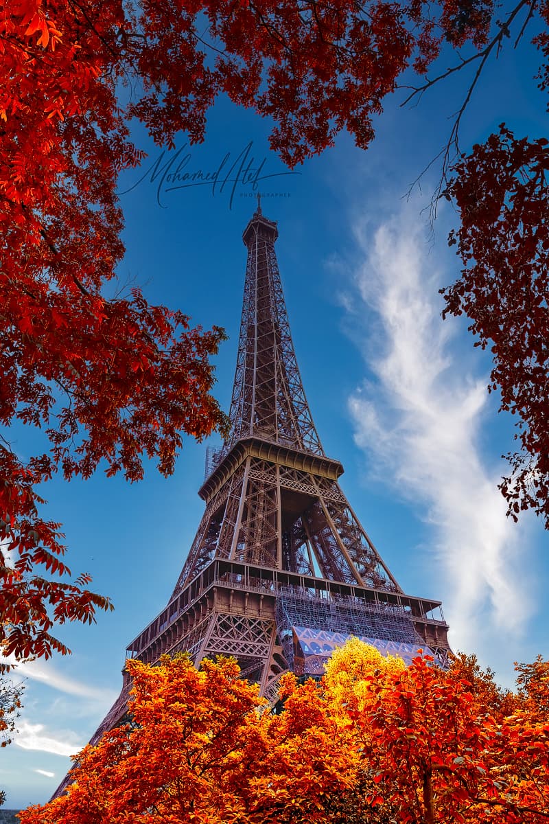 Close-up perspective of the Eiffel Tower structure in Paris